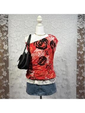 WORTHINGTON Floral Blouse Red Orange Rose Print